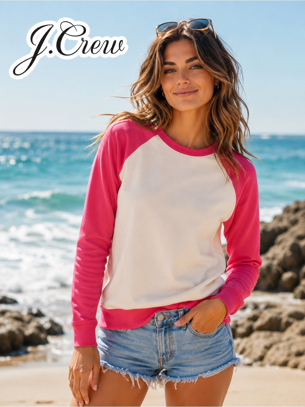 J.Crew Hot Pink and White Pullover Crewneck Sweatshirt - 100% Cotton, Size M,